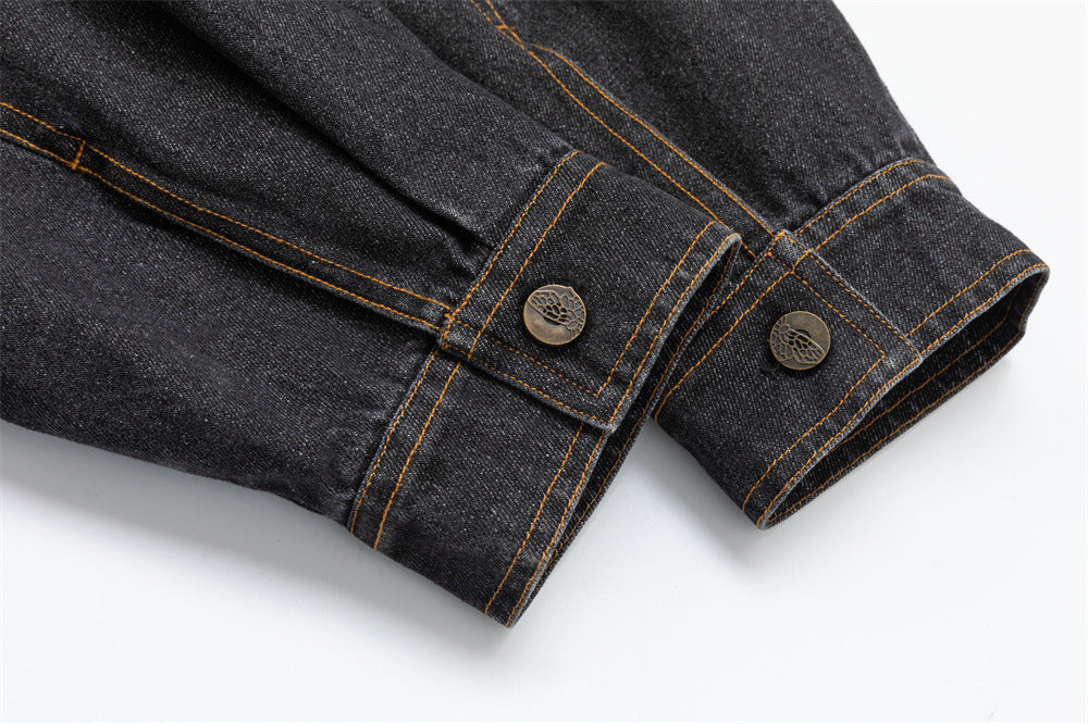 Black Denim Jacket with Embroidered Stitch Detail and Studded Accents