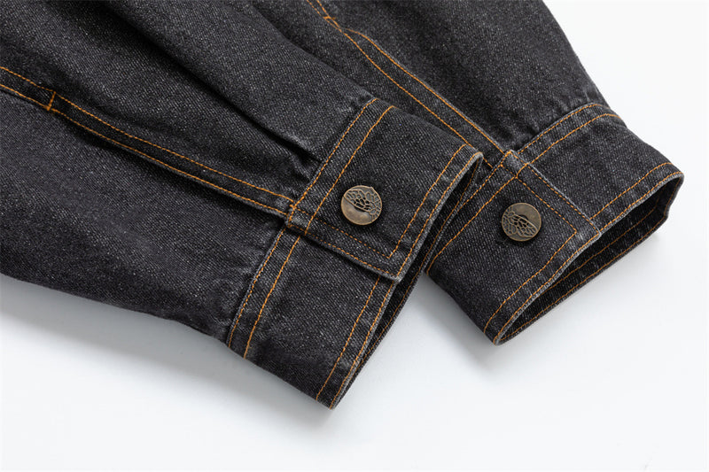 Black Denim Jacket with Embroidered Stitch Detail and Studded Accents