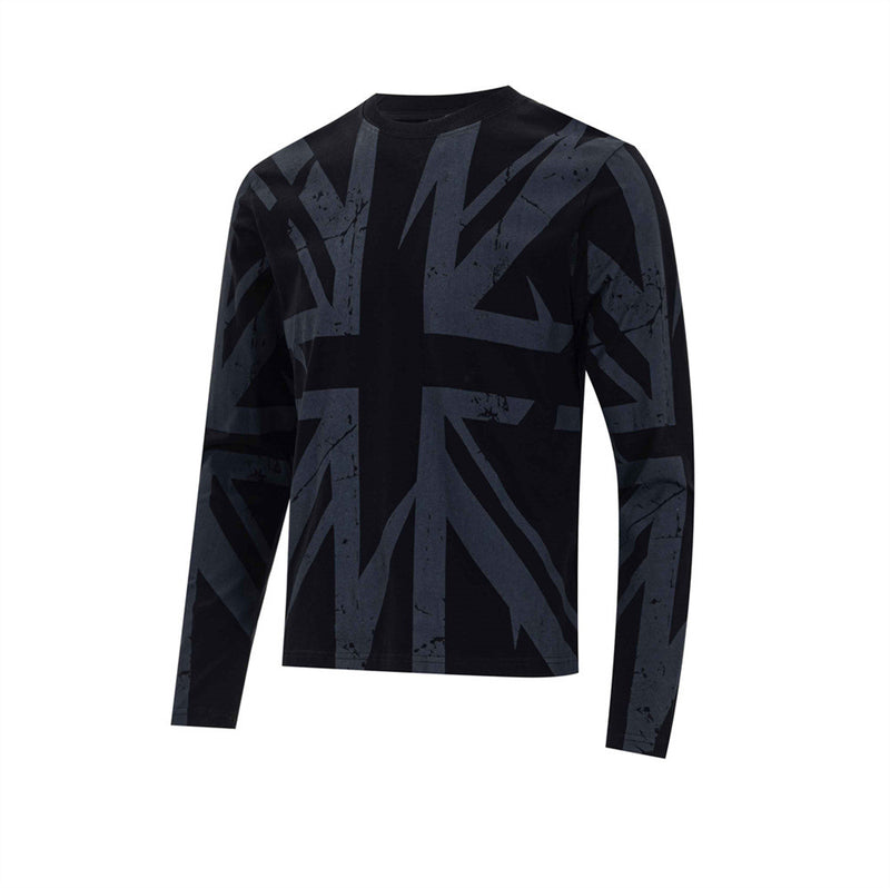Black long sleeve graphic tee with distressed Union Jack print, front view