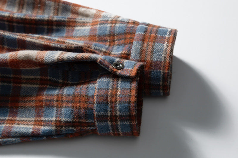 Men's Red Plaid Shirt Oversized Denim-Splice Faux Two-Piece Button-Down