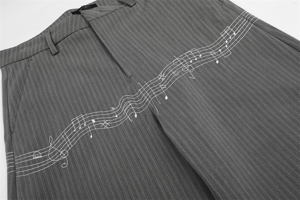 Pinstripe Wide-Leg Trousers with Music Note Embroidery