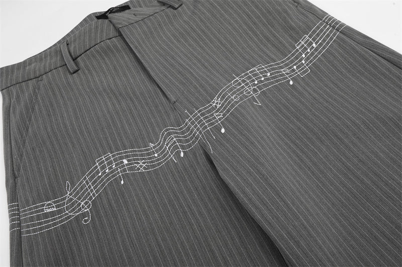 Pinstripe Wide-Leg Trousers with Music Note Embroidery