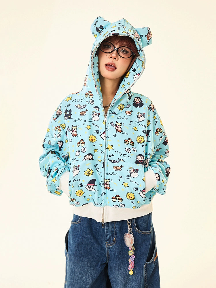 Kawaii Cartoon Bear Hoodie – Cute Full-Zip Hoodie with Adorable Ears &amp; Fun Cartoon Print