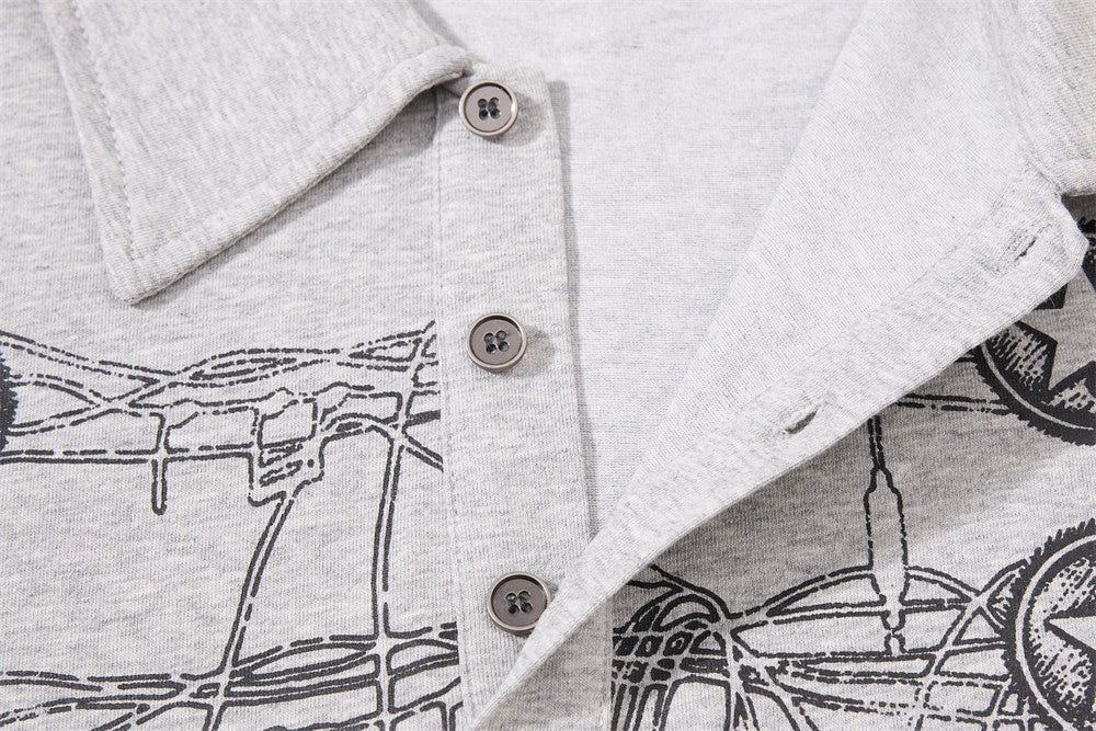 Long Sleeve Polo Shirt with Graffiti Star Print