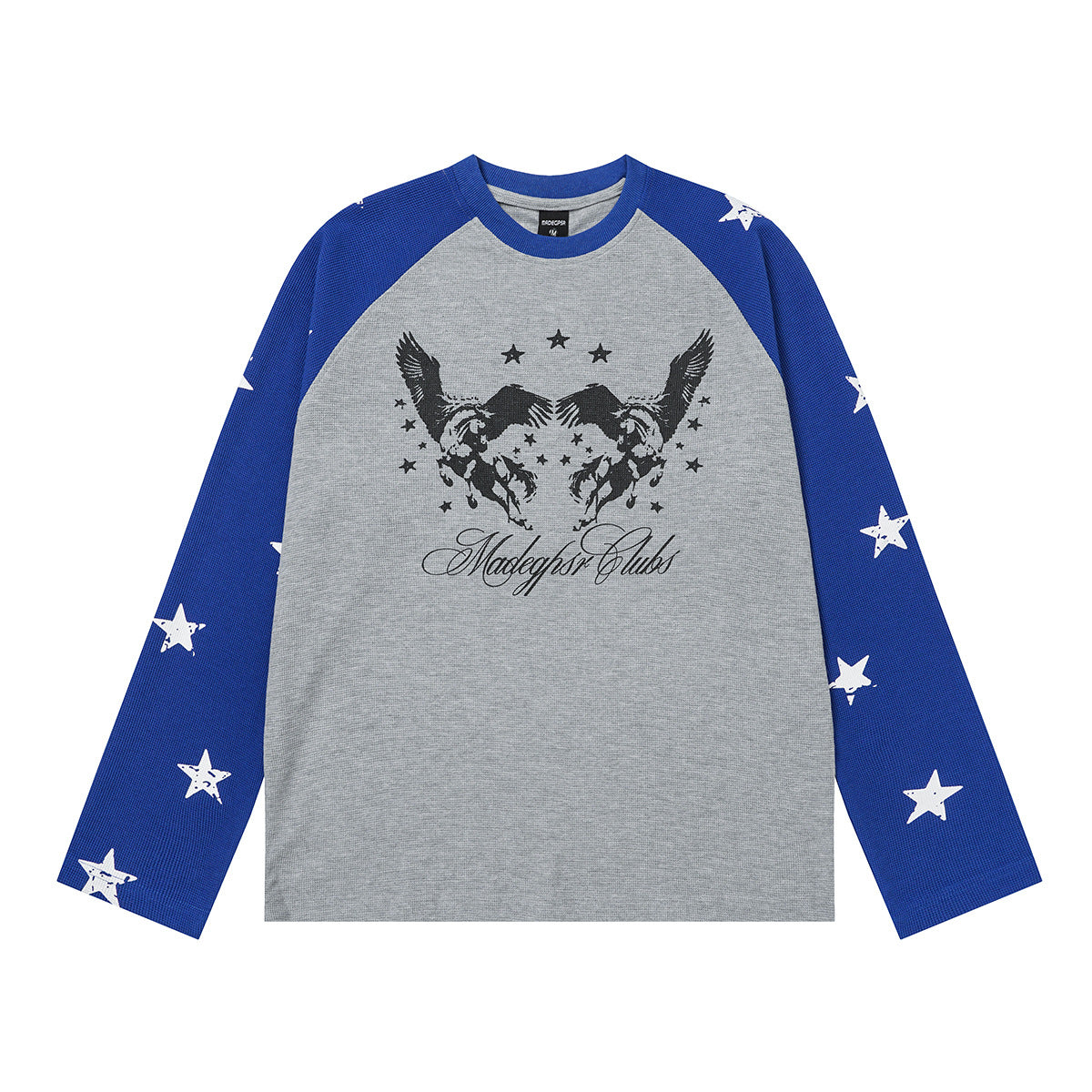 T-shirt de baseball raglan à manches longues, manches en maille gaufrée imprimées d’étoiles bleues et motif miroir de Pégase sur le corps gris