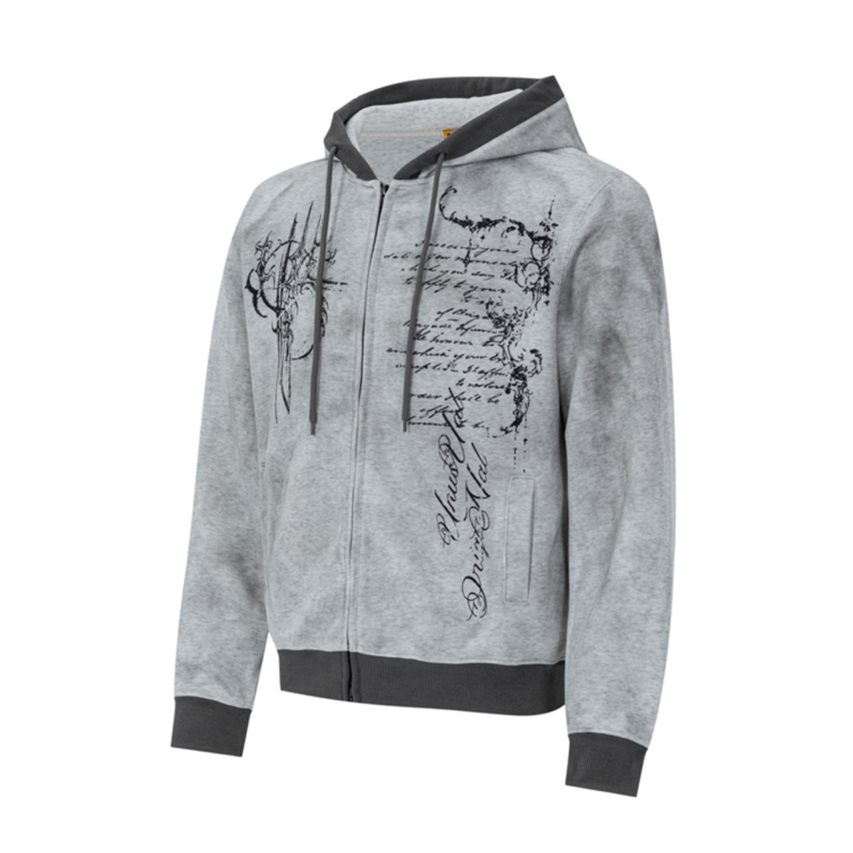 Hoodie mit Gothic-Schriftzug und Reißverschluss – Gewaschener Vintage-Dark-Style
