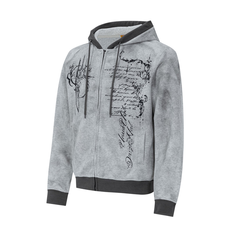 Hoodie mit Gothic-Schriftzug und Reißverschluss – Gewaschener Vintage-Dark-Style