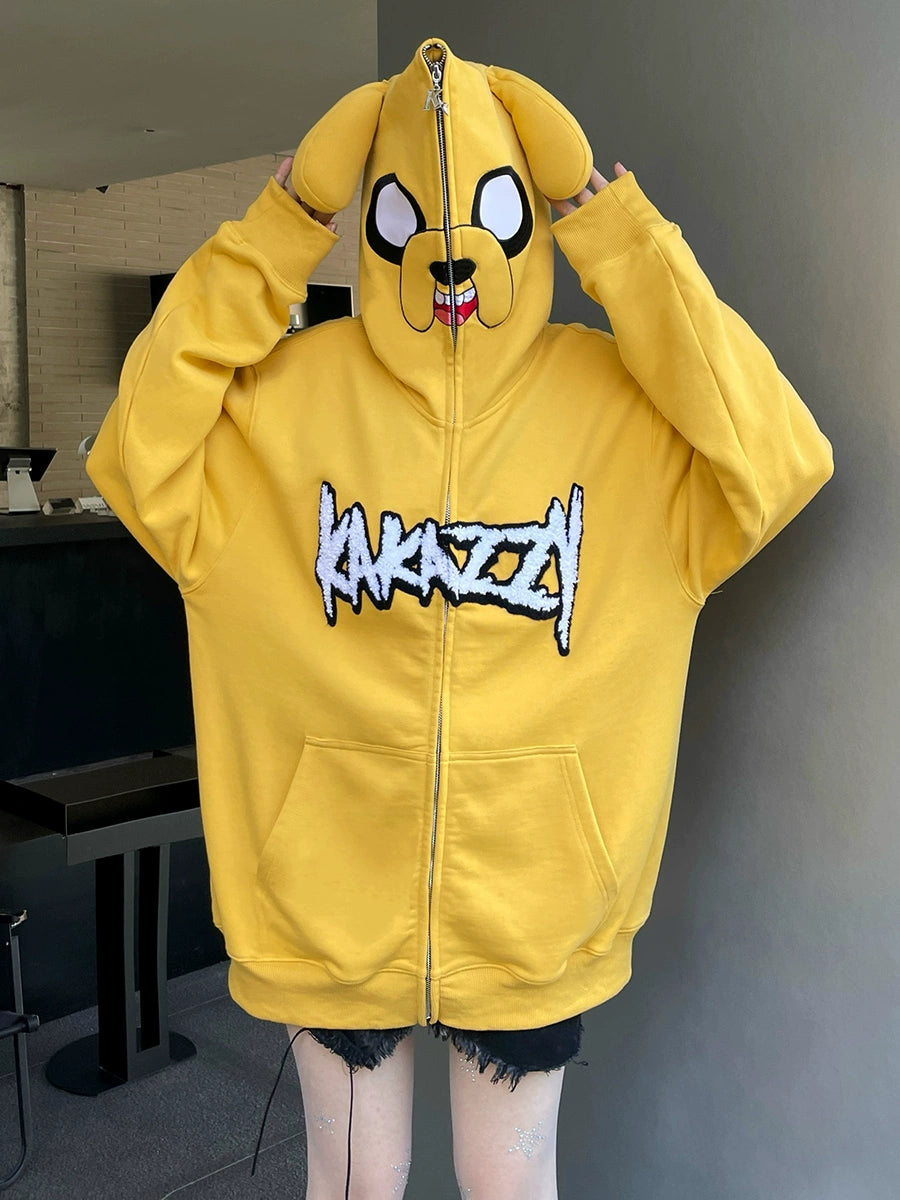 Kawaii Yellow Dog Hoodie - 400GSM Cotton Oversized Zip-Up Hoodie for Anime Streetwear Fans