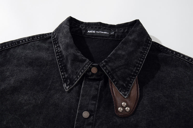 Acid Wash Denim Overshirt with Leather Patch Pockets & Snap Buttons