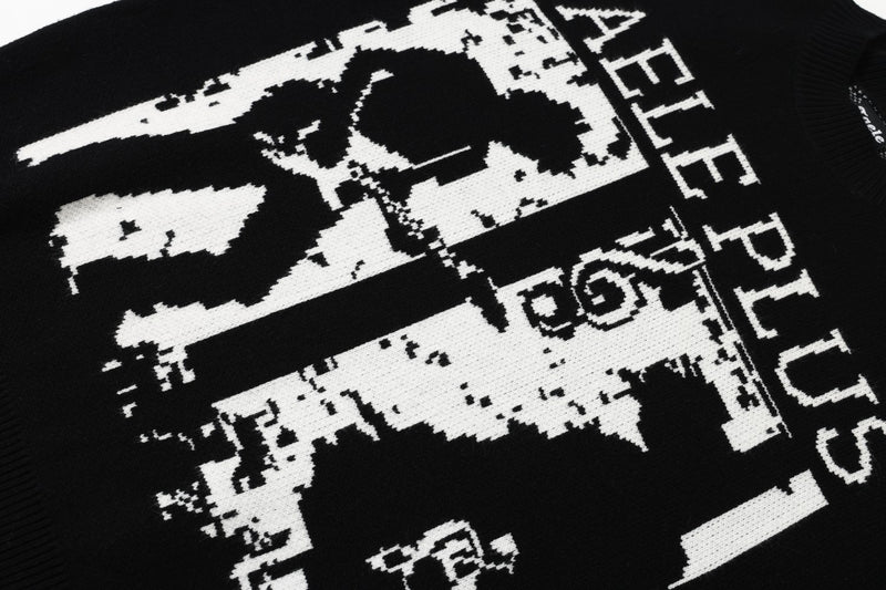 Rock Music Jacquard Crew Neck Pullover Sweater – Black Knit with Band Graphic