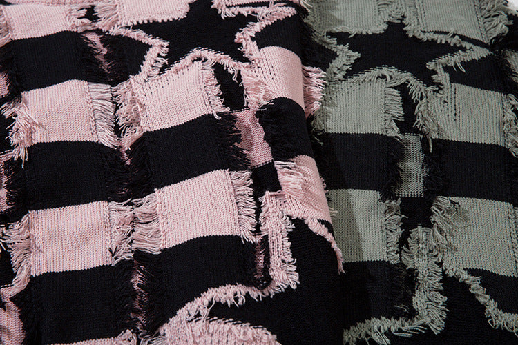 Pull oversize en maille rayée à étoiles délavée – Col rond à franges