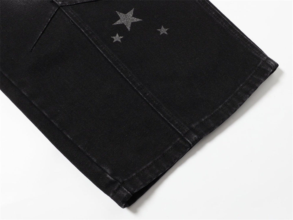 Star Print Wide-Leg Jeans – Men's Baggy Black Denim with Heart Charm