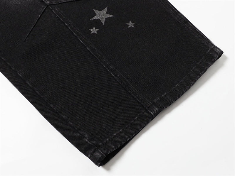 Star Print Wide-Leg Jeans – Men's Baggy Black Denim with Heart Charm
