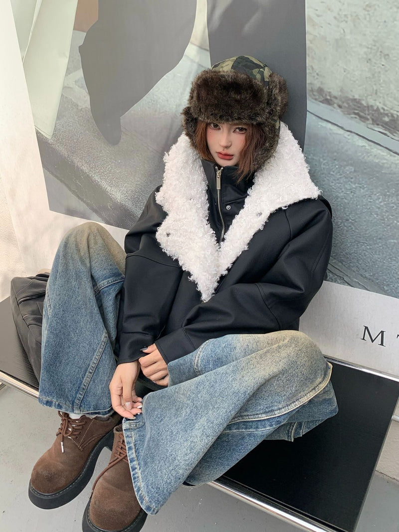 Veste en simili cuir et fourrure, bomber oversize à col sherpa