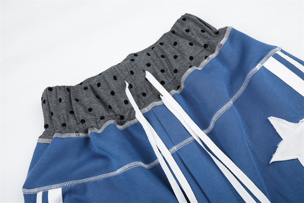 Pantalon de survêtement à jambes larges – Étoile bleue, bandes latérales et ceinture à pois