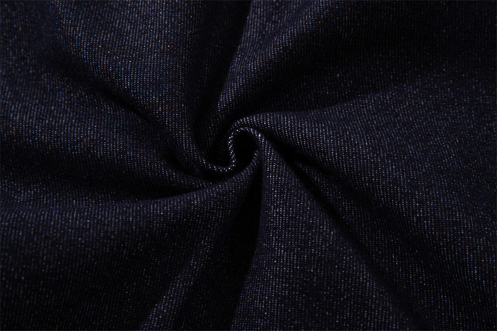 Wide-Leg Jeans with Gothic Cross & Script Embroidery, Button Fly, Dark Indigo