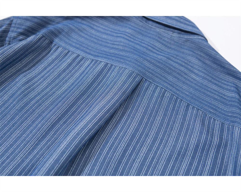 Men's Vertical Stripe Oversized Long Sleeve Button-Up Shirt in Blue