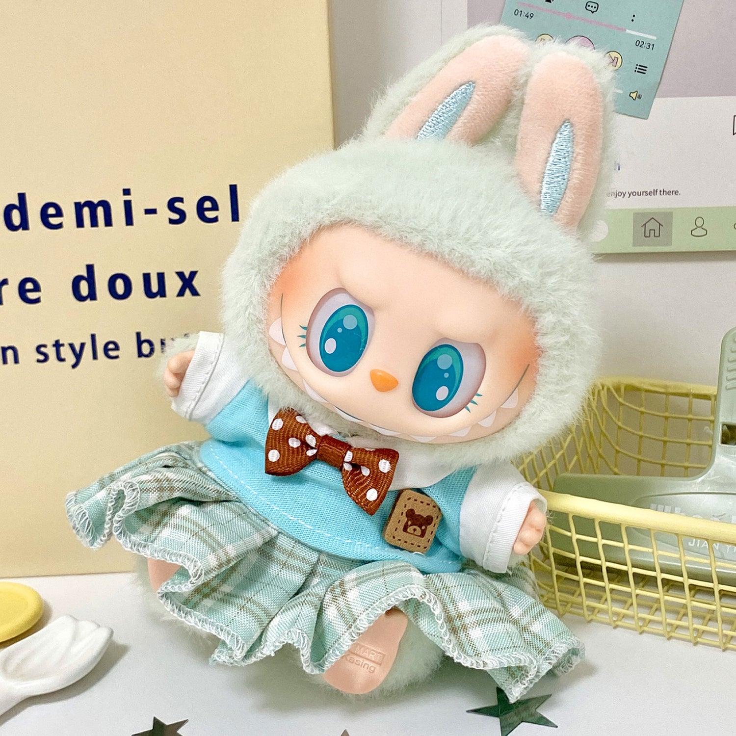 Labubu Mint Bunny Hoodie &amp; Plaid Skirt Outfit – All-Series Doll Clothes