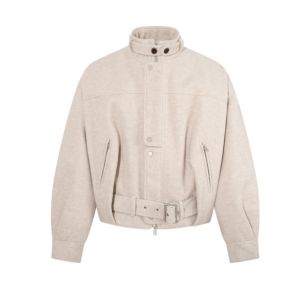 Oversized wool-blend belted bomber jacket in beige with stand collar, snap-button placket, side zip pockets, and fabric waist