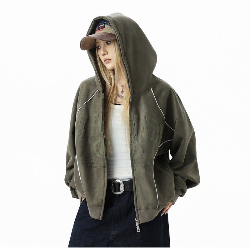 GLFSMADE Letter Print Zip-Up Hoodie – Double-Zip Oversized Streetwear Jacket