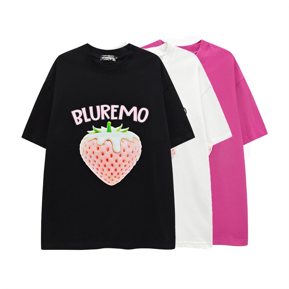 BLUREMO 3D strawberry print oversized drop-shoulder t-shirt in black, white, and hot pink