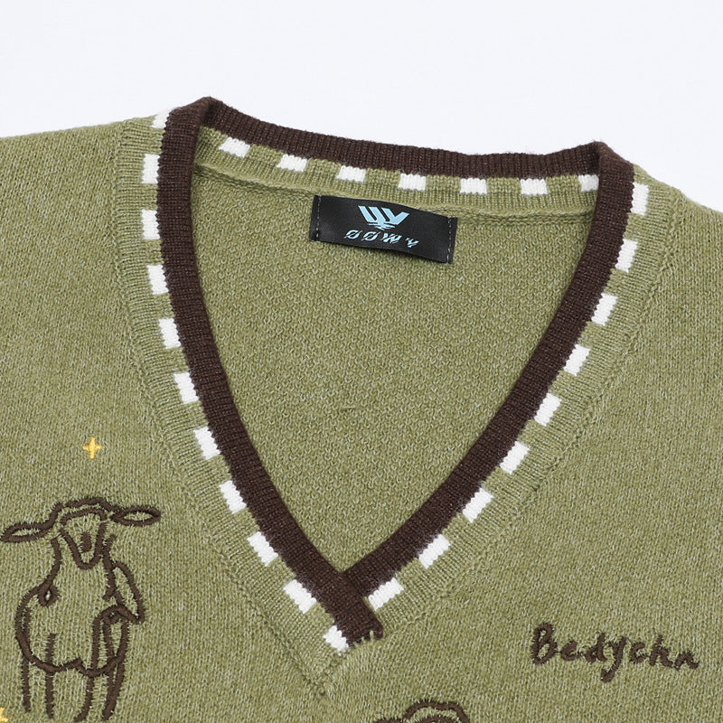 V-Neck Knit Sweater Vest with Sheep Jacquard Graphic — Retro College Style
