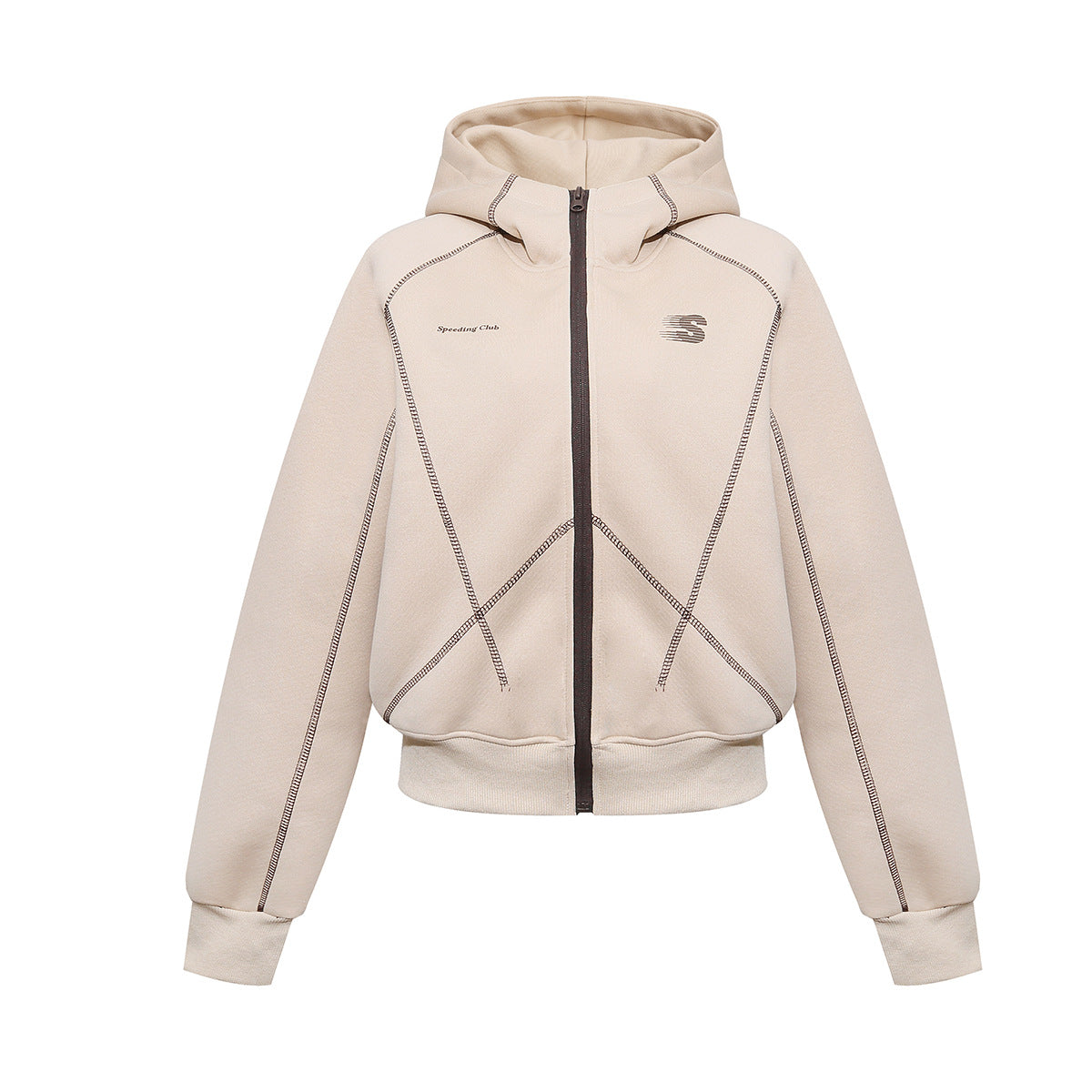 Cropped-Hoodie mit Reißverschluss in Haferbeige, geometrischen Kontrastnähten und durchgehendem Frontreißverschluss, Vorder- und Rückansicht