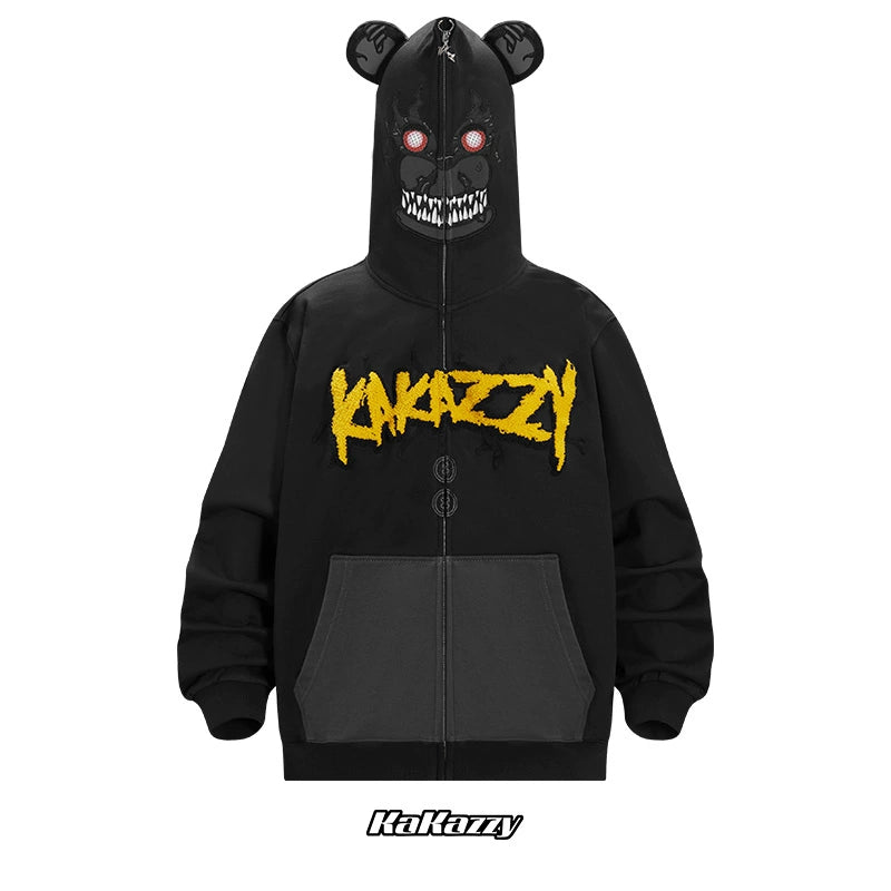 Dark Bear Demon Hoodie - 400GSM Schwarze Horror-Streetwear mit gelber Stickerei