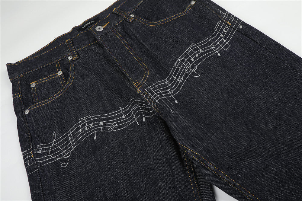 Wide-Leg Raw Denim Jeans with Music Note Embroidery