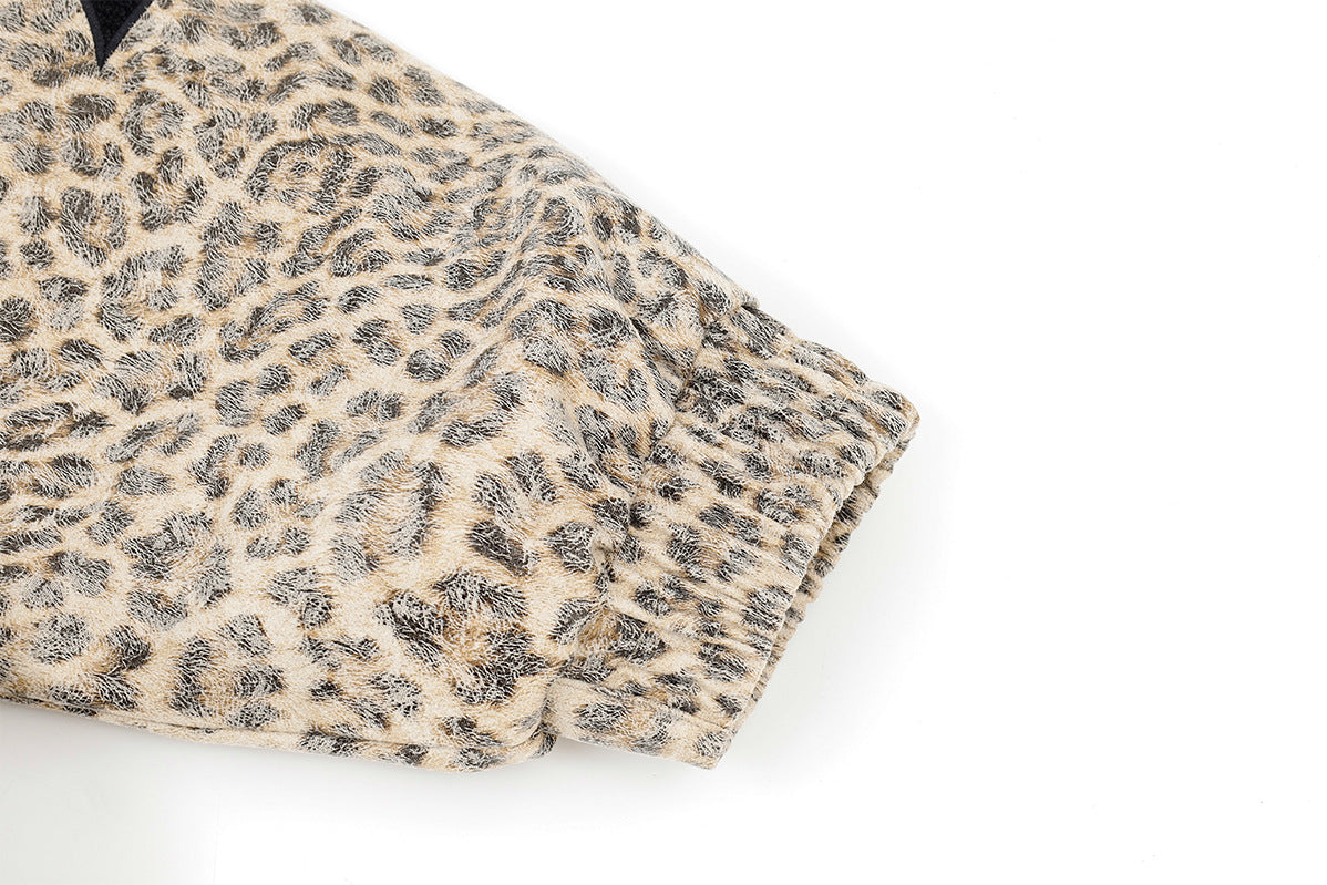 Leopard Print Fur Collar Bomber Jacket with Quilted Lining