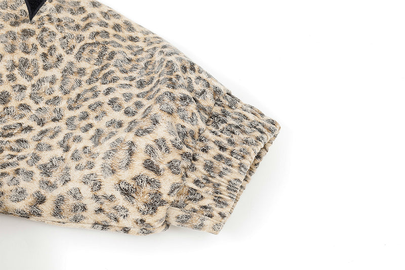Leopard Print Fur Collar Bomber Jacket with Quilted Lining