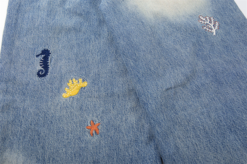 Wide-Leg Jeans with Ocean Embroidery & Gradient Wash