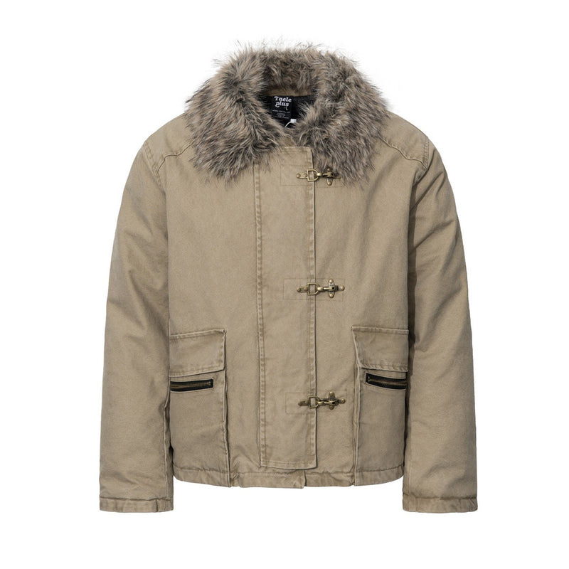 Men's Faux Fur Collar Cotton Padded Jacket with Toggle Closures