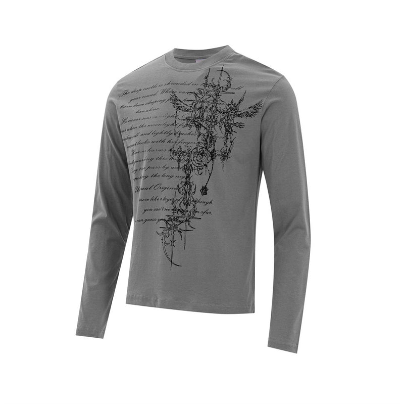 Gray slim fit long sleeve T-shirt angled front view with gothic script and cross graphic