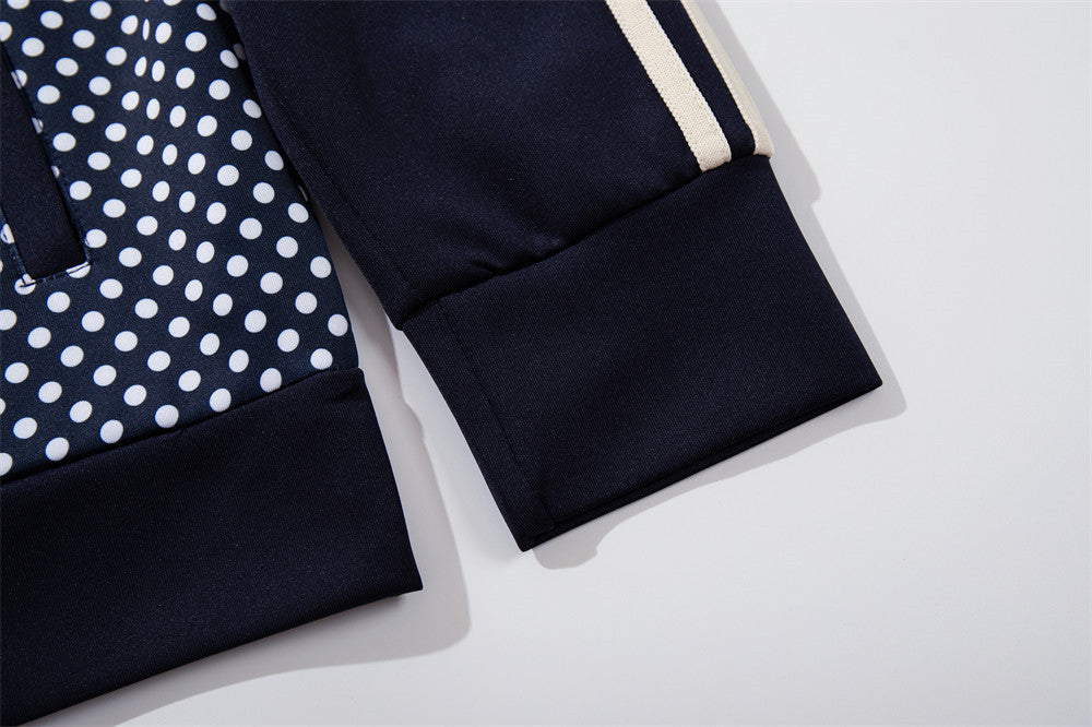 Chaqueta deportiva de hombre con lunares: azul marino con cremallera y bandas en las mangas