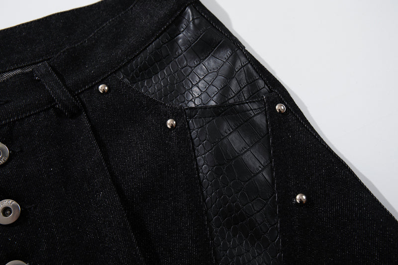 Jean taille haute baggy – Denim noir large avec empiècements effet croco et détails argentés