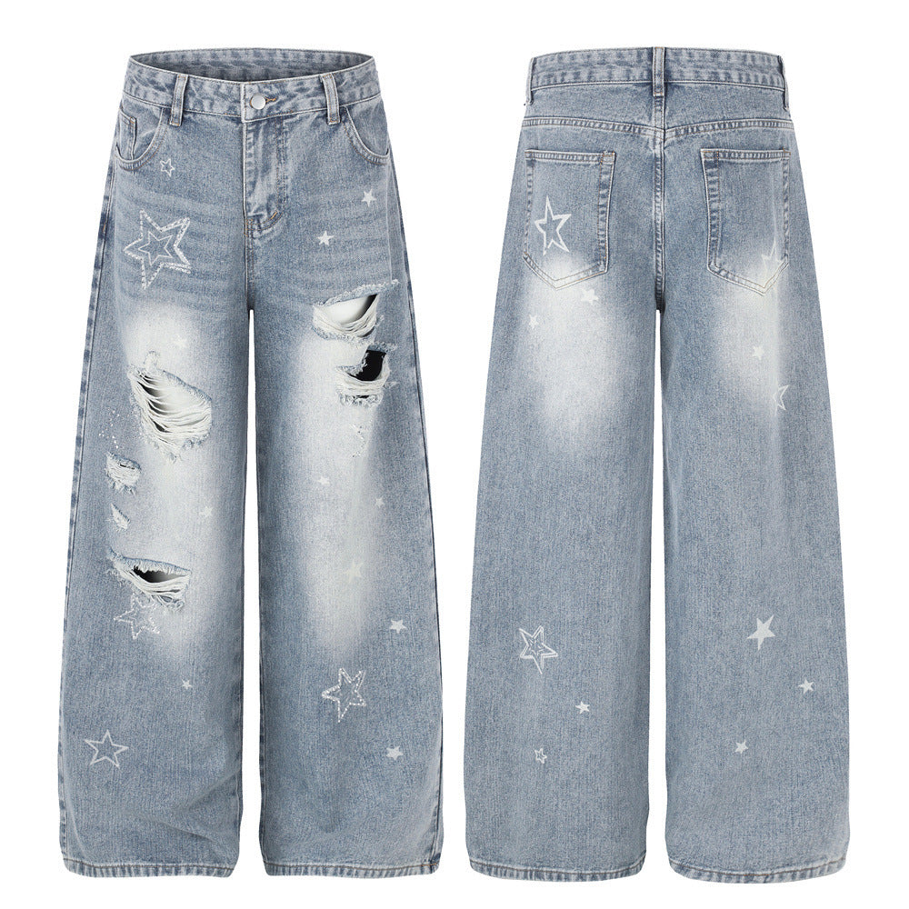 Light blue wide-leg distressed jeans with star embroidery and rhinestone details, front and back view