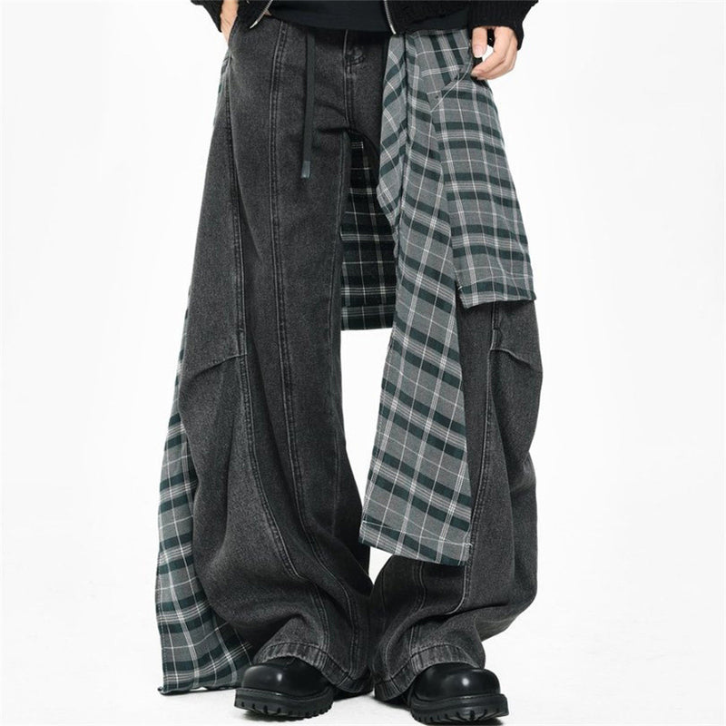 Wide-Leg Jeans with Detachable Plaid Skirt Overlay — Deconstructed Punk