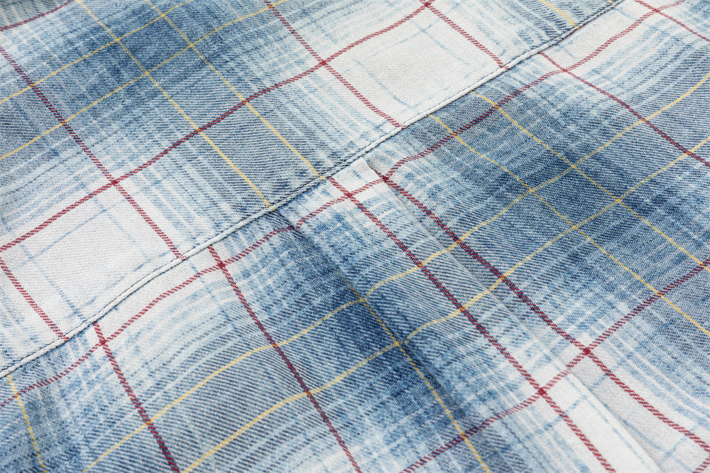 Oversized Washed Plaid Long Sleeve Shirt with Denim Patch Detail