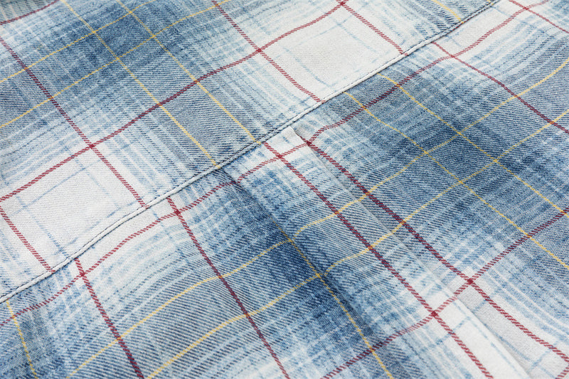 Oversized Washed Plaid Long Sleeve Shirt with Denim Patch Detail