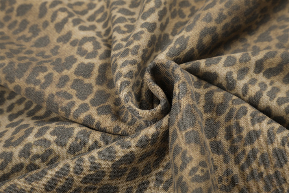Leopard Print Zip-Up Hoodie with Distressed Letter Embroidery