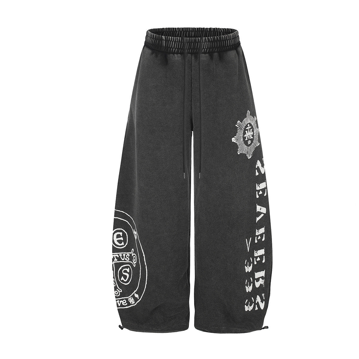 Pantalon de jogging oversize à jambes larges, délavage à l’acide et imprimé graphique vintage, noir anthracite, vue avant