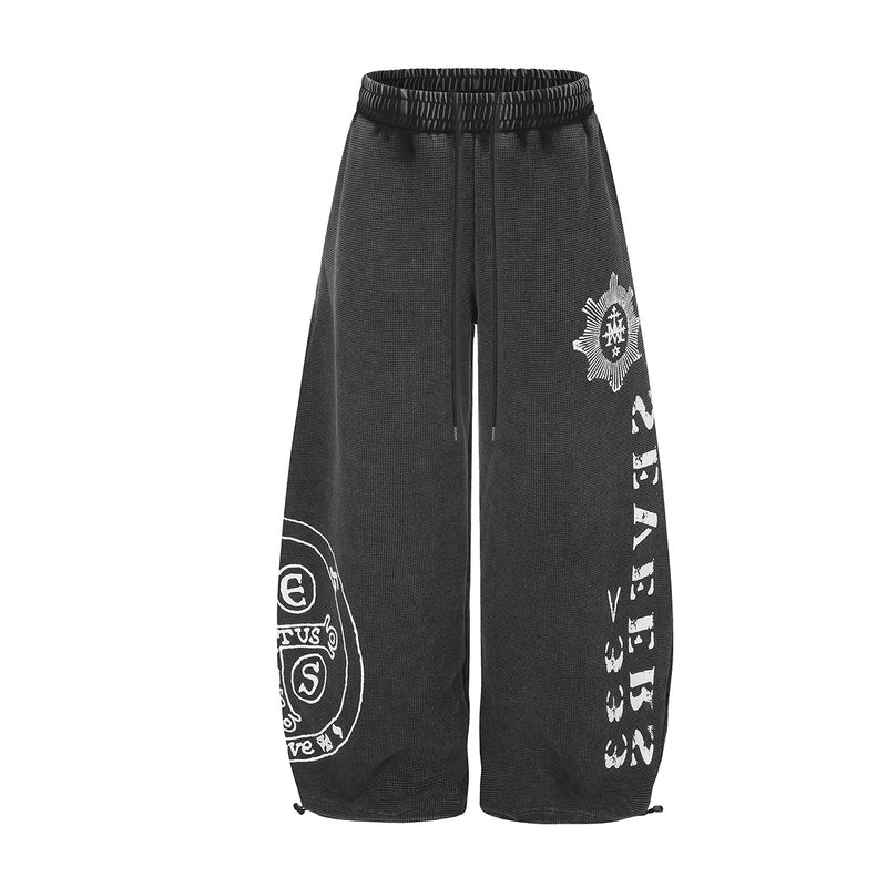 Pantalon de jogging oversize à jambes larges, délavage à l’acide et imprimé graphique vintage, noir anthracite, vue avant