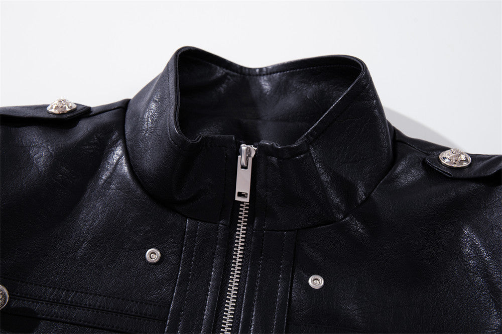 Veste militaire noire pour homme en similicuir PU avec double rangée de boutons argentés