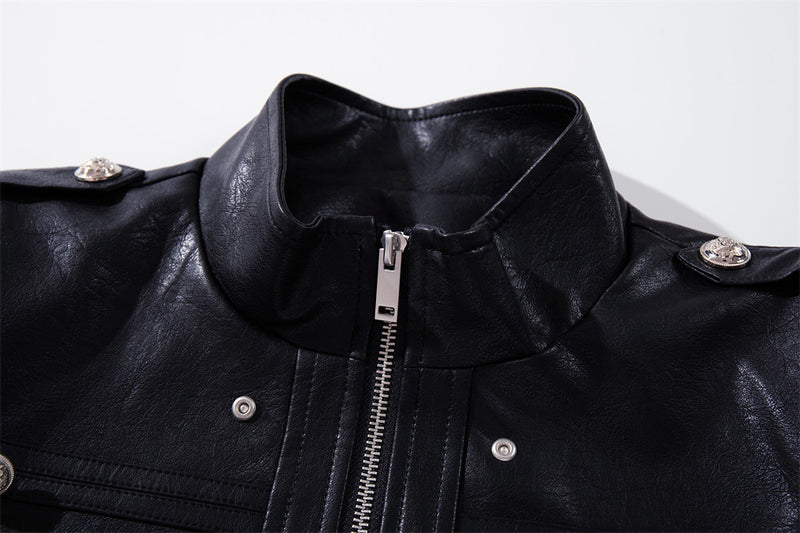 Veste militaire noire pour homme en similicuir PU avec double rangée de boutons argentés