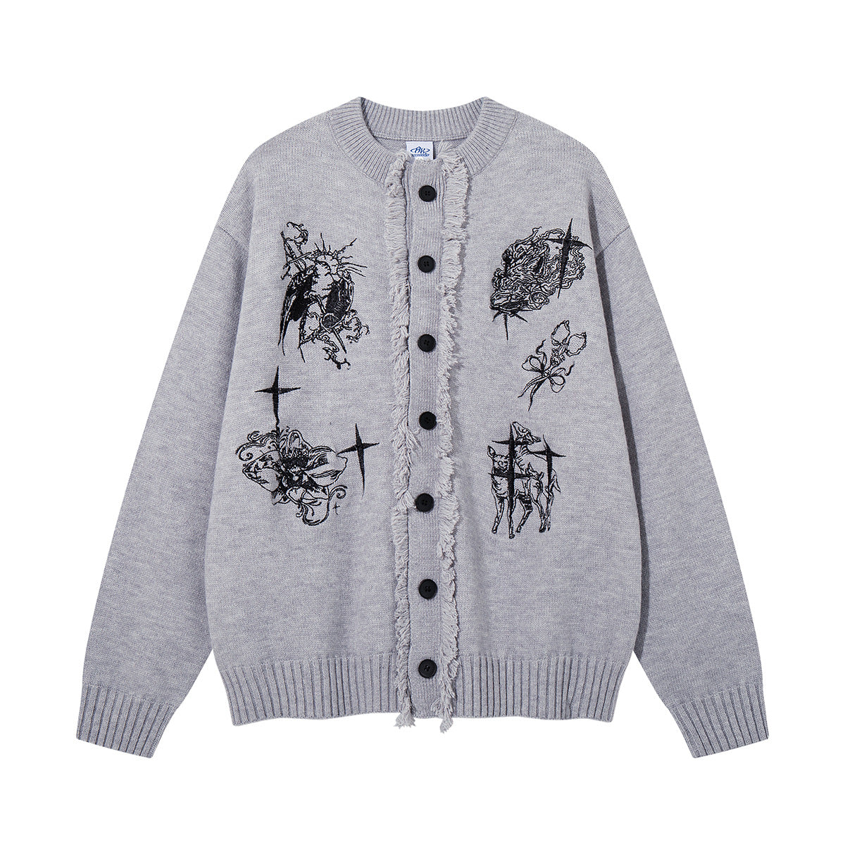 Oversized gothic embroidered fringe knit cardigan in heather gray with cross, floral, and animal motifs on the front