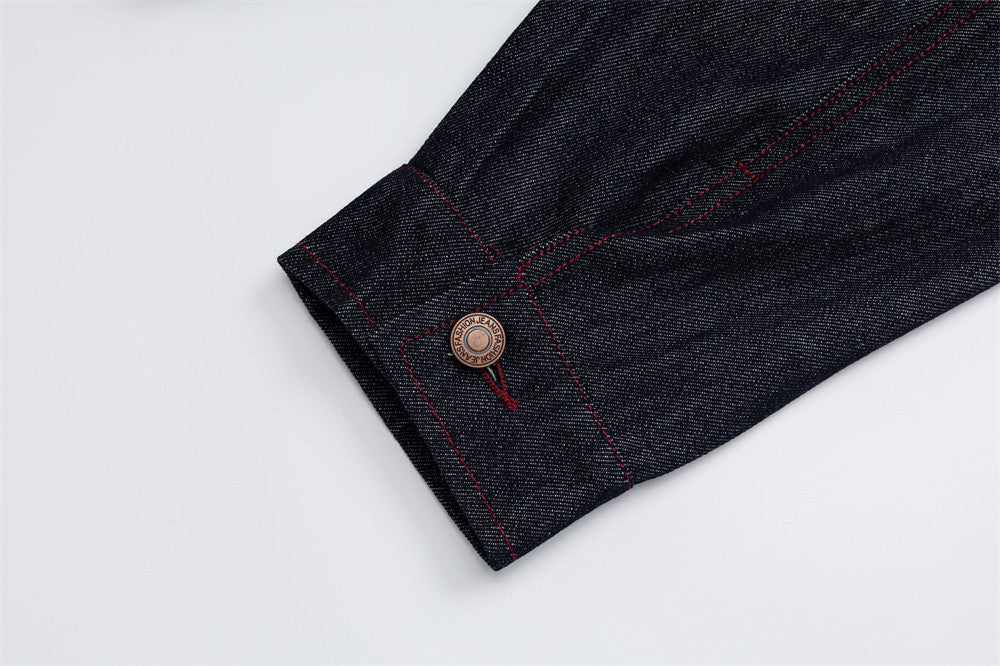 Men's Dark Indigo Denim Jacket with Red Contrast Seam Detail