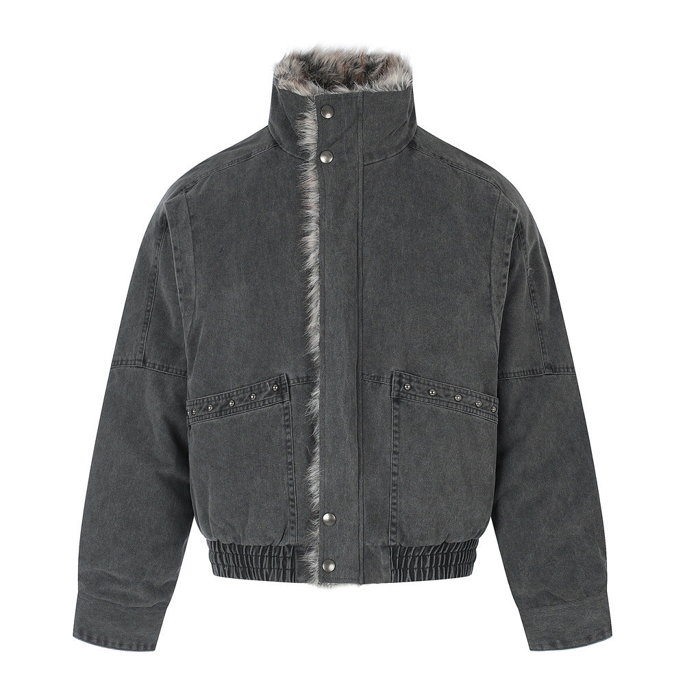 Men's Faux Fur-Lined Bomber Jacket – Studded Workwear Cotton Padded Coat