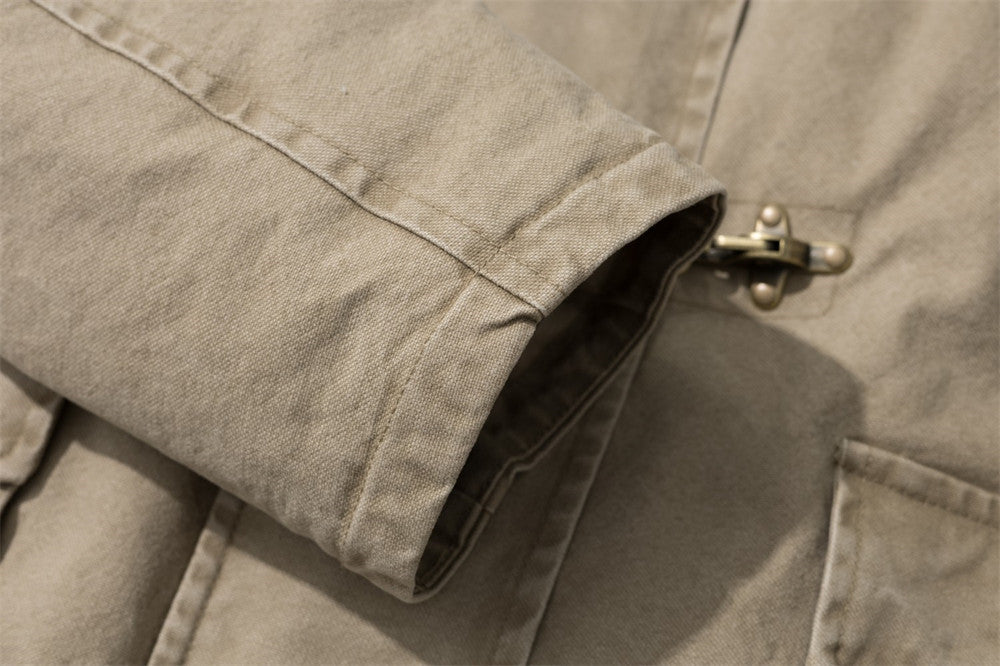 Men's Padded Canvas Jacket with Faux Fur Collar & Metal Toggle Closures