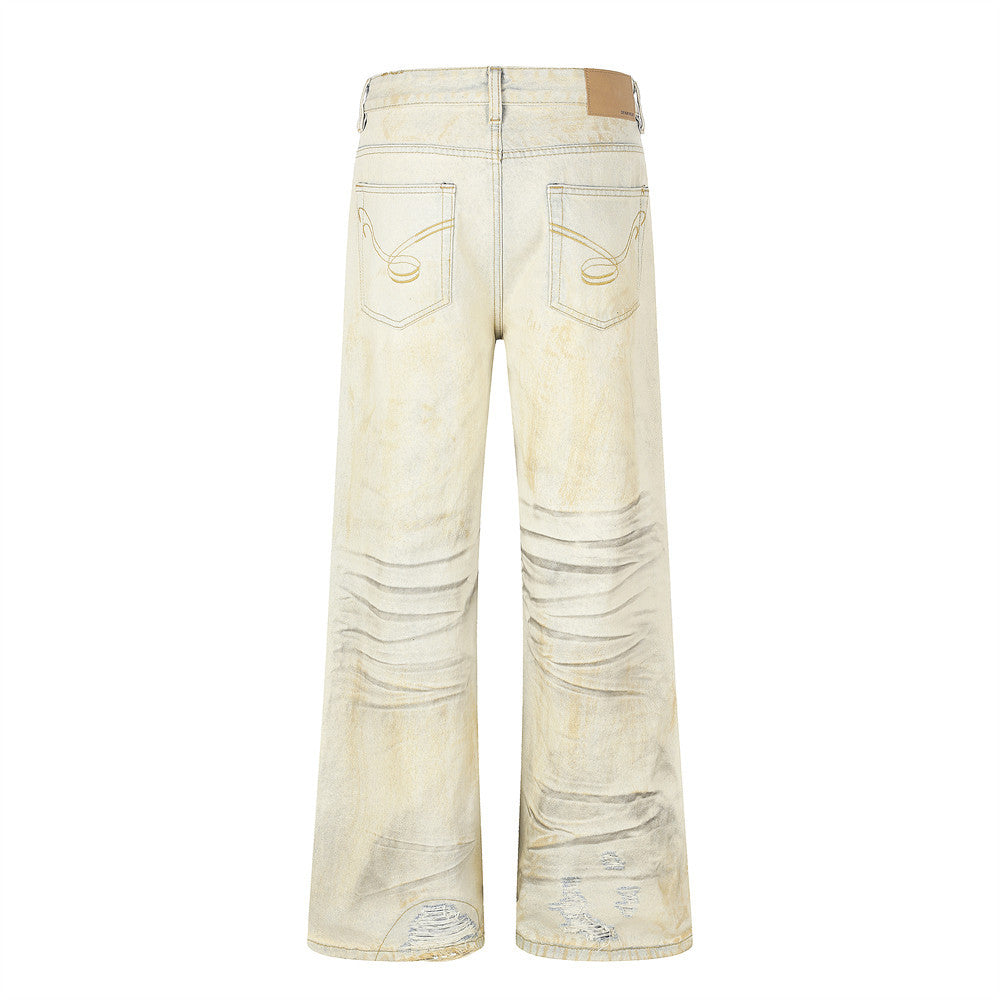Men's Wide-Leg Distressed Jeans – Mud-Dye Washed, Diagonal Button Fly, Flare Hem